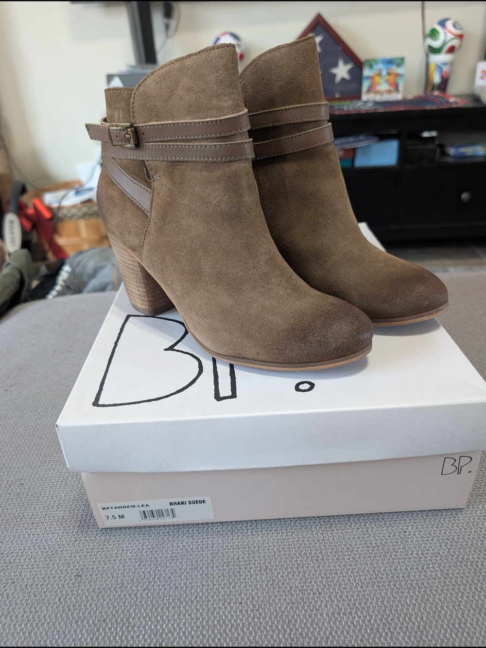bp Taupe Suede Ankle Booties with Buckle Strap